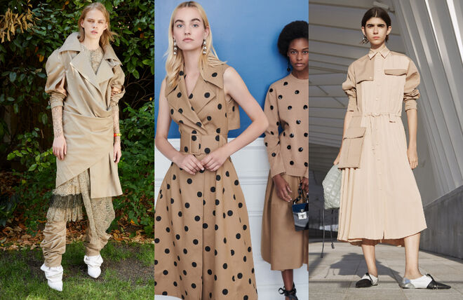 Talvez porque as coleções Resort acompanham a transição do inverno para a primavera, o trench coat é uma forte inspiração. Vestidos, casacos e conjuntos têm como referência a construção, a textura leve e protetora e, claro, o típico tom caqui. 