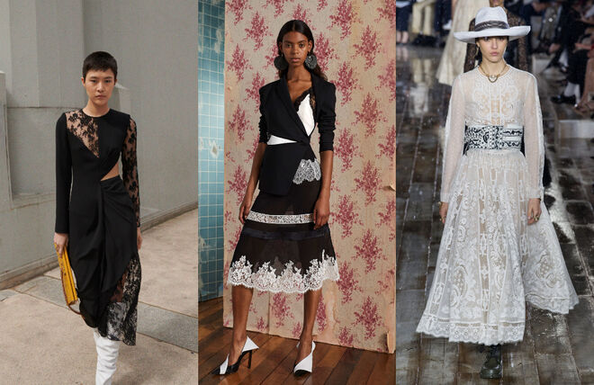 A renda, com a sua combinação única de delicadeza e atrevimento, volta a ter um papel importante nas tendências, mas, neste momento, apenas enquanto complemento. Como elemento decorativo das bainhas, como contorno da silhueta ou como abertura que deixa o look respirar, as rendas enriquecem inúmeras propostas.