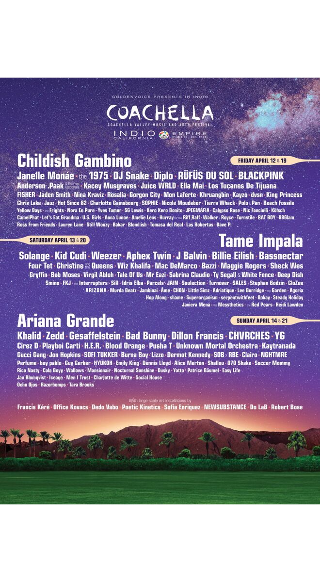 Childish Gambino, Tame Impala e Ariana Grande. Já saiu o line-up do Coachella 2019