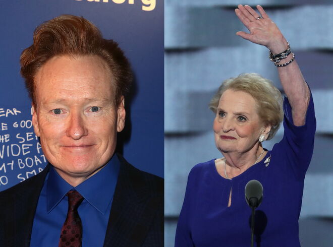 Depois do polémico tweet do comediante Conan O’Brien insinuando que se ia mascarar de “Madeleine Albright provocadora” no Halloween, a antiga Secretária de Estado encarou o comentário com humor e respondeu-lhe “pensei mascarar-me de um Conan O’Brien atraente, mas isso é impossível”.