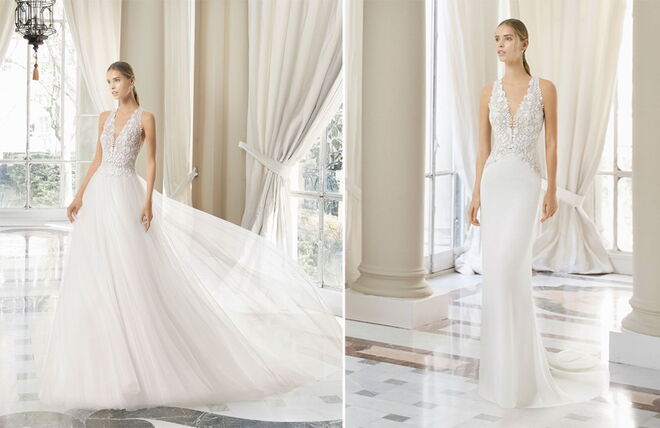 Gémeos (21 de maio – 20 de junho) | Um signo caracterizado pela sua natureza divertida, mas também versátil, vai preferir vestidos que chamem a atenção e que se adaptem a todas as suas necessidades. Saias removíveis, saias mais curtas com outras mais longas por baixo, modelos de duas peças ou mesmo um par de calças. As noivas deste signo gostam de misturas padrões e materiais e devem dar um destaque especial aos acessórios. | Rosa Clará, Malaya