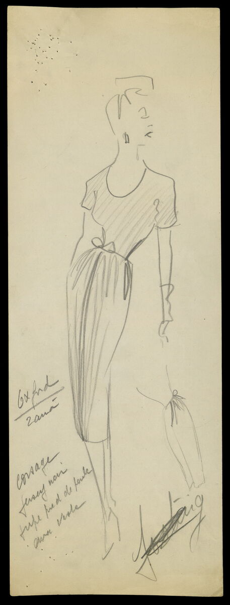 Desenho de Christian Dior de modelo Oxford, Alta Costura primavera/verão 1947. Exposição Christian Dior: Designer of Dreams no V&A de 2 de feveiro a 14 de julho de 2019.