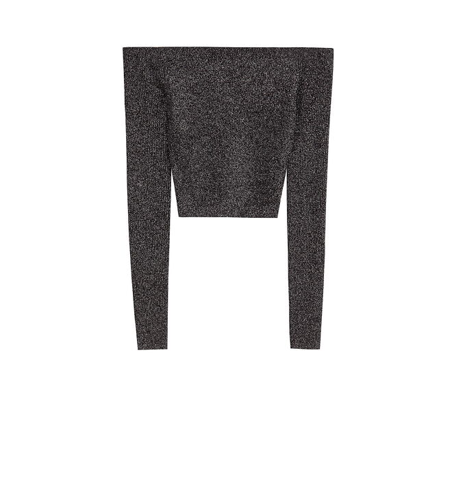 Sweater com decote à barco de malha metalizada, €17,99 ; Bershka