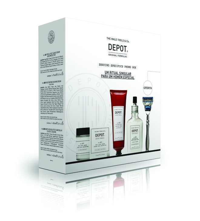 Shaving kit, composto por Depot nº. 401 Pre&Post Shave Cream Skin Protector (75 ml) + Depot nº. 404 Soothing Soap Cream for Brush (125 ml) + Depot nº. 408 Moisturizing After Shave Balm (100 ml) + oferta da lâmina de barbear, €49,90, Depot, em farmácias, parafarmácias e barbearias Depot 