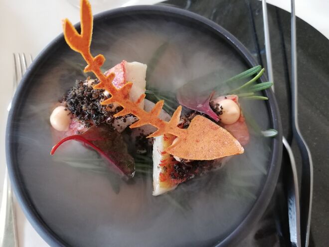 Salmonete braseado em folhas de amaranto, cinza de alecrim e flor de sal fumada