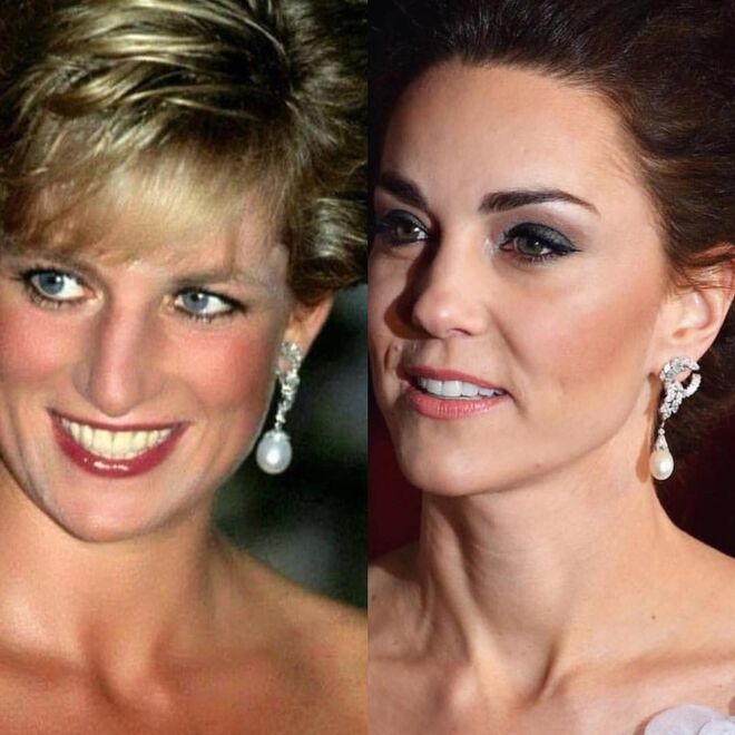 Diana e Kate Middleton a usar os mesmos brincos 