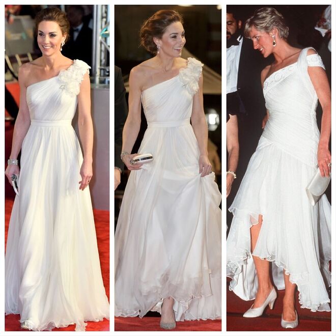 Kate Middleton em Alexander McQueen, 2019 (fotografia 1 e 2) e Princesa Diana (fotografia 3) em Gina Fratini, 1984
