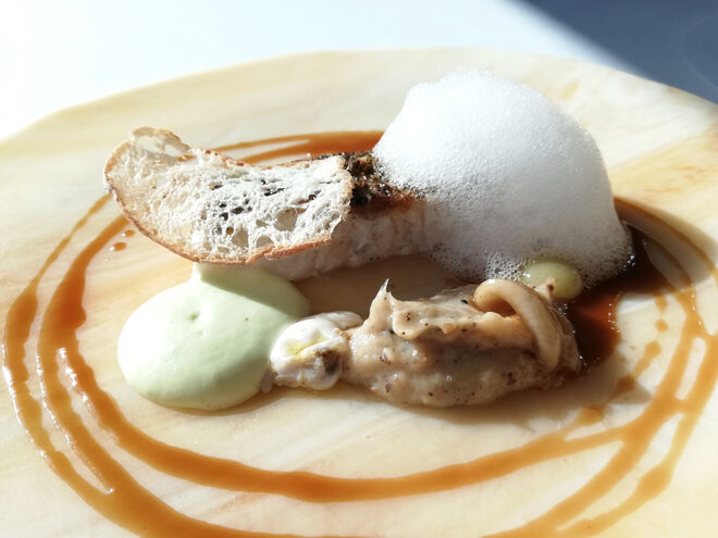 Pescada grelhada, compota de cebola trufada, amêijoas e emulsão de creme de batata verde