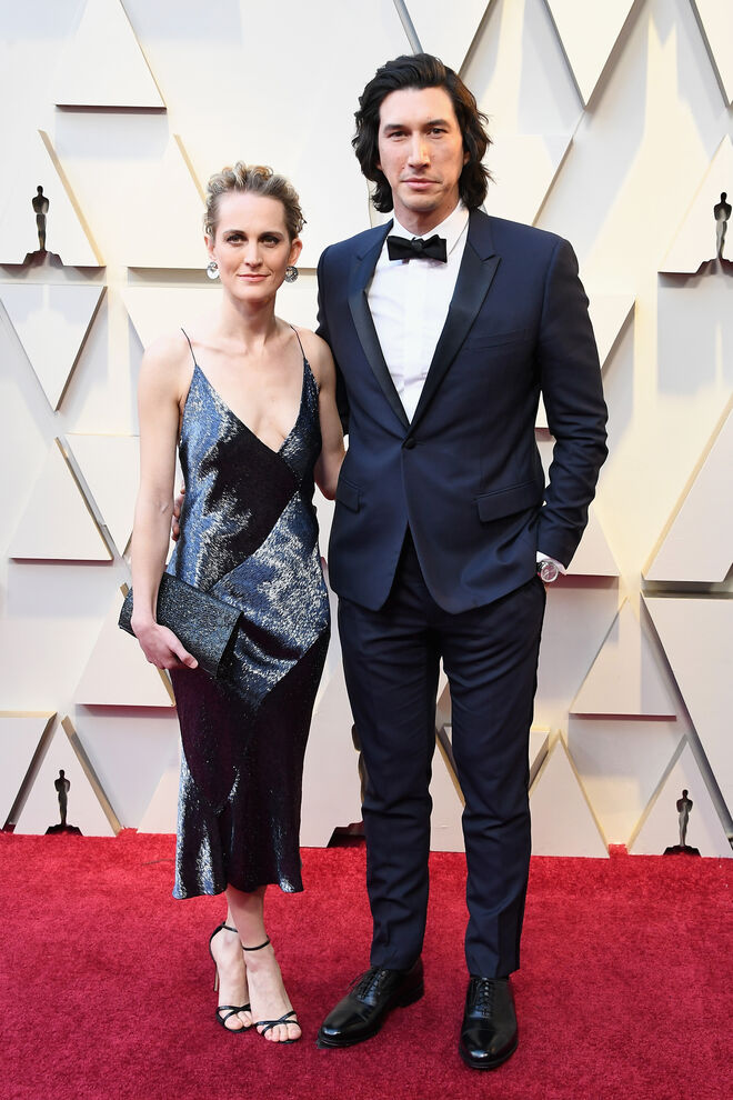 Joanne Tucker em Narciso Rodriguez e Adam Driver em Dior Men