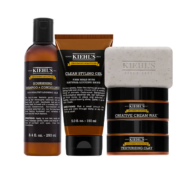 Kit Grooming Solutions com 2-em-1 champô e condicionador, 250 ml, €19, gel de estilo, €19, sabão de limpeza profunda, €17, 50, creme-cera, €22,50, argila para texturizar o cabelo, €20, Kiehl's