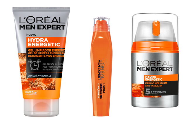 Kit Men Expert Hydra Energetic com o Cuidado Hidratante Antifadiga 24h, €11,99, o Gel de Limpeza Refrescante, €7,29, e o Roll-On Olhos efeito gelo, €12,99, L’Oréal