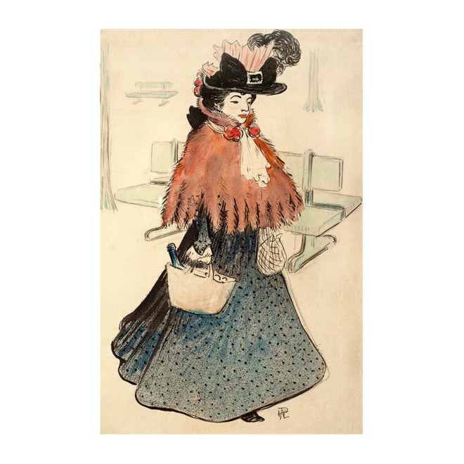 A bela judia vai às compras, na revista Le Lire, 23.05.1896, Hermann-Paul, aquarela e tinta sobre papel.