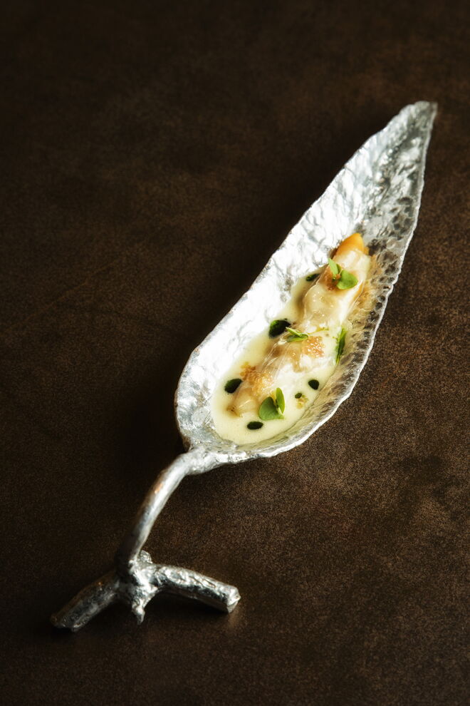 Lingueirão, lardo e manjericão