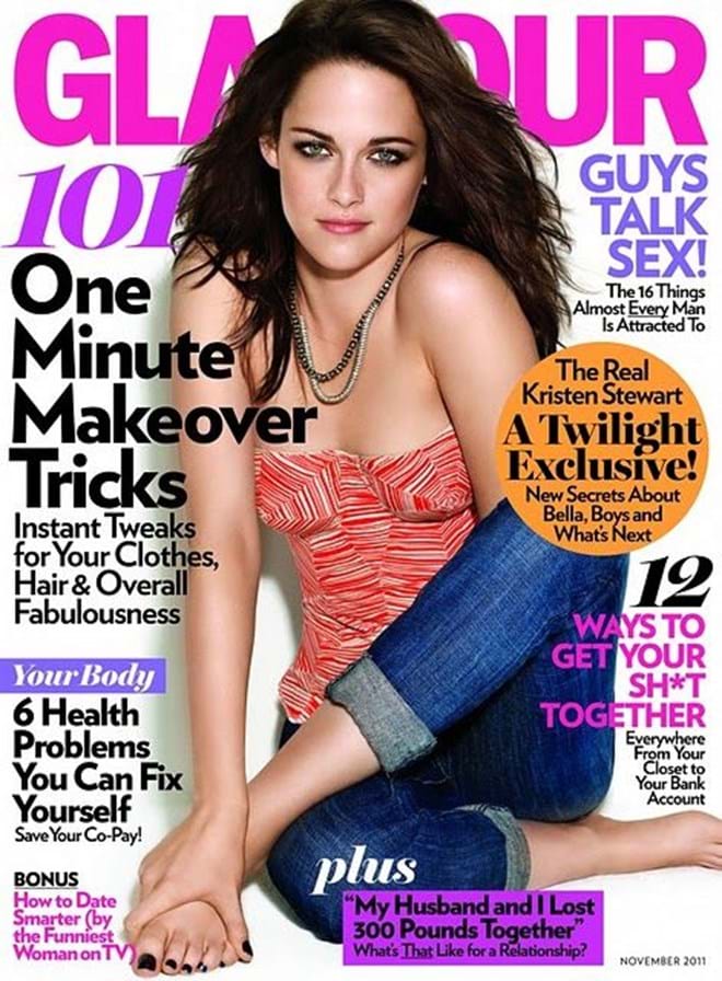 Kristen Stewart "perdeu" o antebraço nesta capa da revista Glamour (edição de novembro de 2011).