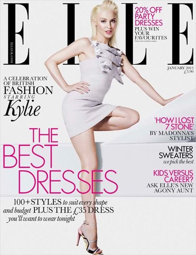 Kylie Minougue ficou apenas com um pé nesta capa da revista Elle (edição de janeiro de 2013). 