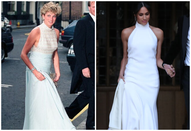 Diana com um vestido branco e azul abraçado ao pescoço a 6 de maio de 1992; a Duquesa de Sussex a caminho do seu copo de água num vestido branco Stella McCartney a 19 de maio de 2018