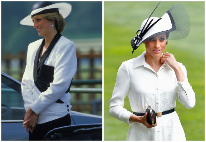 Diana no Royal Ascot a 18 de junho de 1985 e  Meghan no Royal Ascot a 18 de junho de 2018
