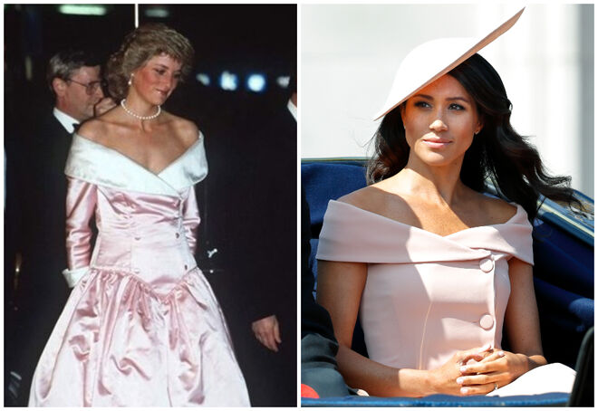Diana de Gales usou este vestido cor-de-rosa na Ópera de Berlim a 1 de novembro de 1987 e Meghan usou um vestido semelhante durante a cerimónia da Trooping the Colour a 9 de junho de 2018

