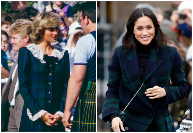 Princesa Diana nos Jogos de Bute Highland, na Escócia, a 22 de agosto de 1987; a duquesa de Sussex durante a visita à Escócia a 13 de fevereiro de 2018
