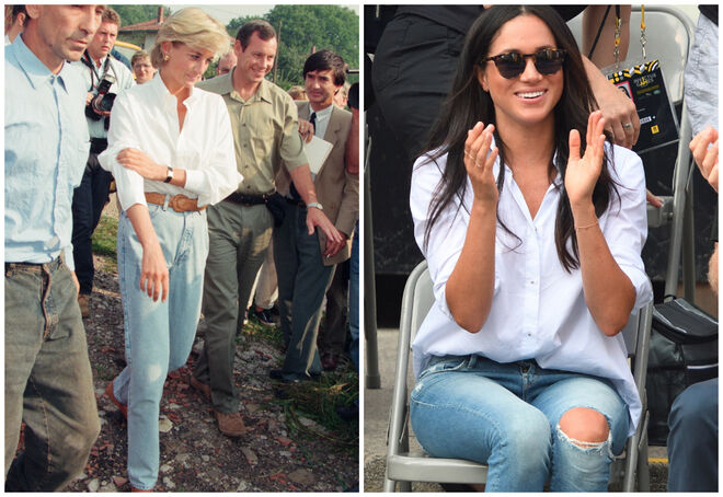 Diana de calças de ganga e blusa branca durante uma visita à Bósnia a 9 de agosto de 1997; e Meghan com um look igual nos jogos Invictos em Toronto, a 25 de setembro de 2017


