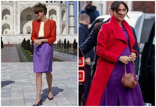 A princesa Diana numa visita oficial ao Taj Mahal a 11 de fevereiro de 1992; e a duquesa de Sussex visita Birkenhead a 14 de janeiro de 2019 