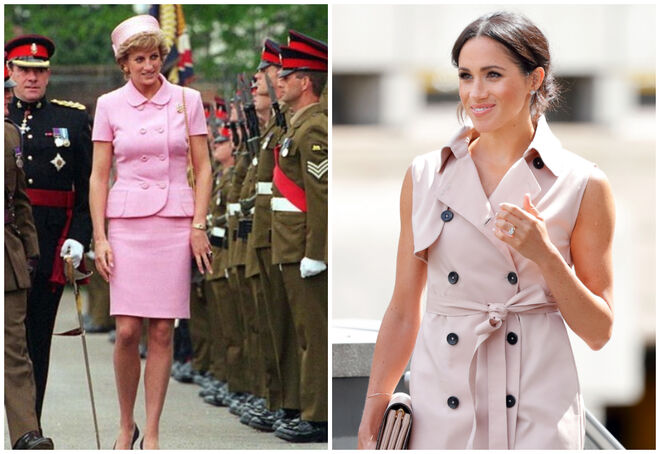 A princesa Diana num conjunto cor-de-rosa numa visita oficial à Argentina a 24 de novembro de 1995; Meghan Markle visita a exposição do centenário de Nelson Mandela a 17 de julho de 2018 