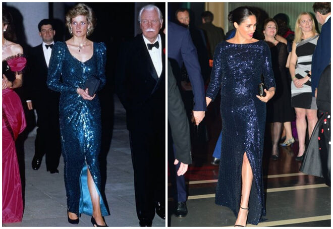 Princesa Diana no Hotel Royal Lancaster a dezembro de 1990, e Meghan durante  a estreia do espetáculo 'TOTEM' do Cirque du Soleil no Royal Albert Hall, a 16 de janeiro de 2019