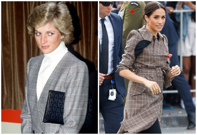Diana num casaco com padrão na estação londrina de Paddington a 3 de maio de 1988; Meghan visita a casa da Nova Zelândia a 19 de março de 2019