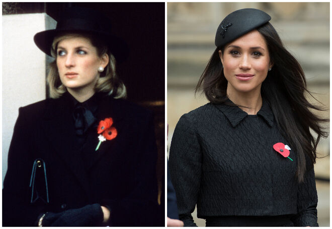 Diana de Gales durante a Cerimónia de Memória no Cenotaph em Londres a 1 de novembro de 1984; Meghan durante o serviço na Abadia de Westminster para o dia Anzac, a 25 de abril de 2018       