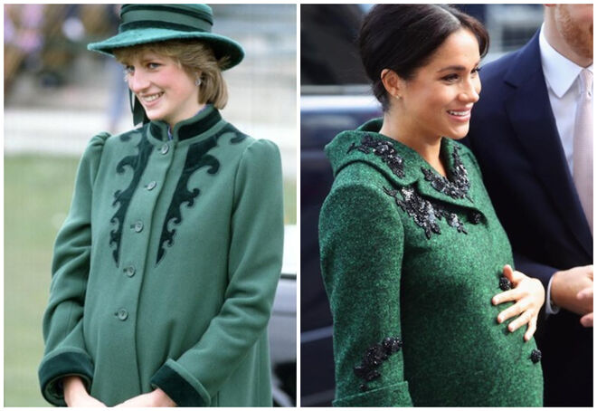 A princesa Diana num casaco Bellville Sassoon e a usar um chapéu de John Boyd durante a sua visita a Bristol, a 29 de março de 1982; Meghan com um casaco da Erdem durante a sua visita à Casa do Canadá, a 11 de março de 2019   
