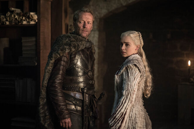 Iain Glen como Jorah Mormont e Emilia Clarke como Daenerys Targaryen