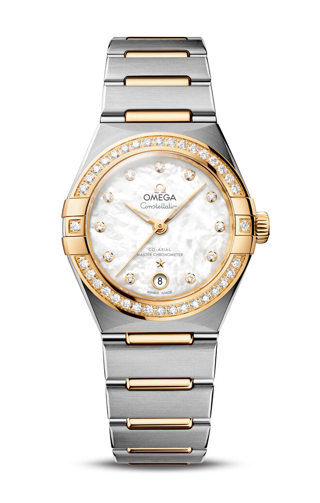 Relógio Constellation Manhattan Aço e Ouro Amarelo com Mostrador em Madrepérola e Diamantes, €11280, Omega, na Boutique dos Relógios
