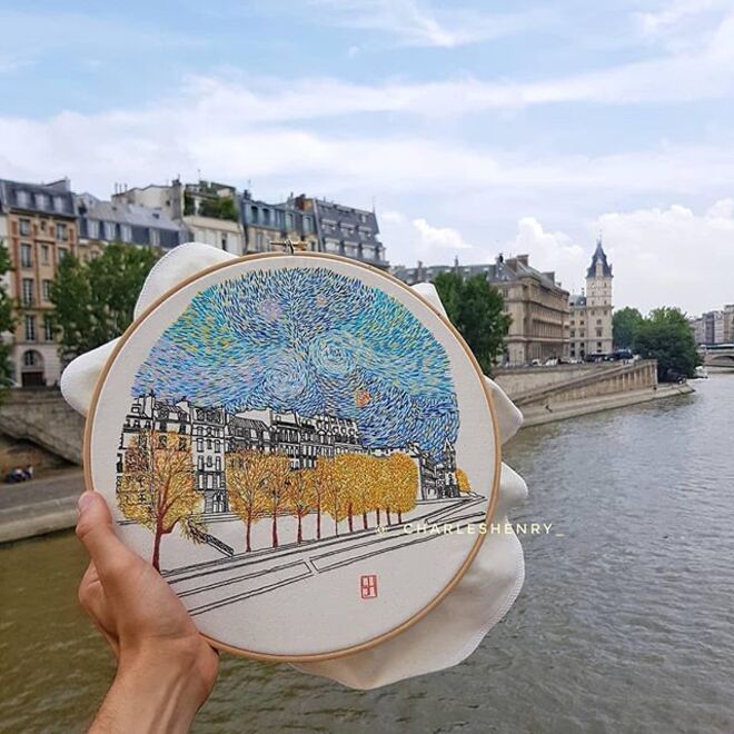 Um bordado da margem do Rio Sena de Paris