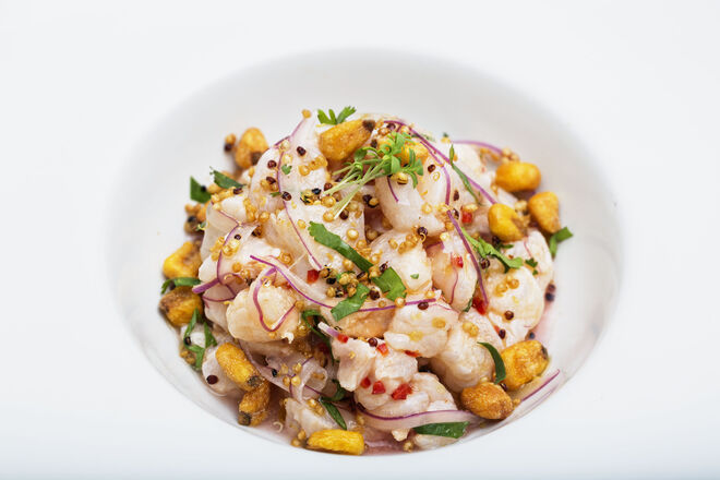 Ceviche de peixe branco, batata doce e quinoa crocante