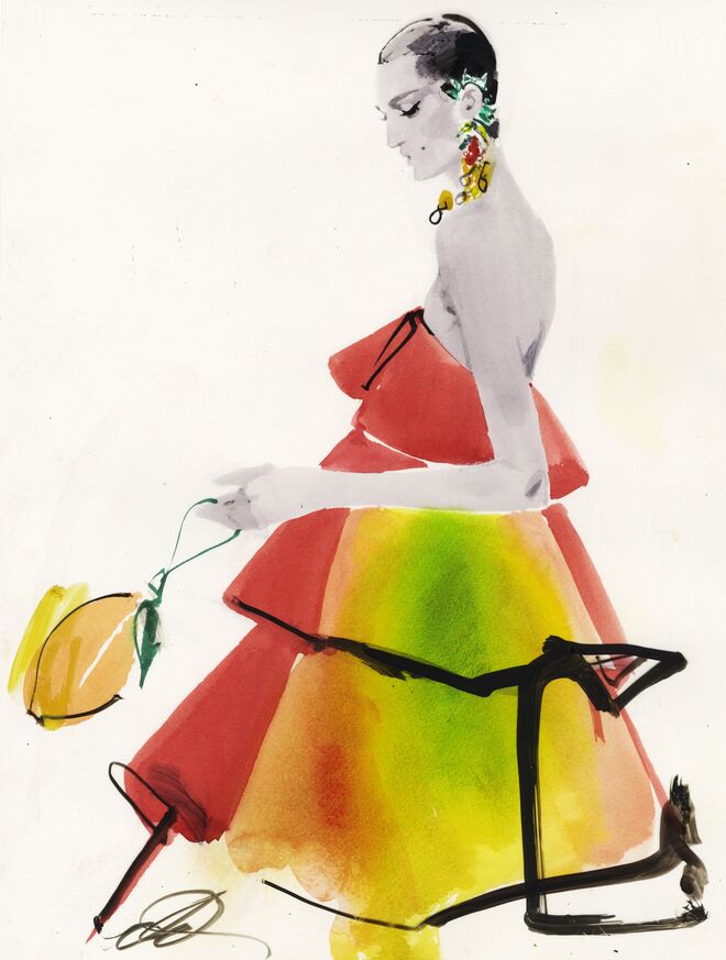 Ilustração do vestido da Mango que Sofía Sanchez de Betak usou no Met Gala de 2019