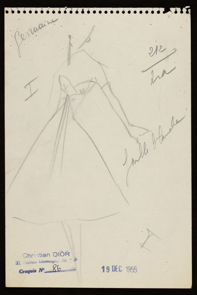 Desenhos de Christian Dior para o vestido Monte-Carlo, primavera/verão 1956 Alta Costura, silhueta Flèche.