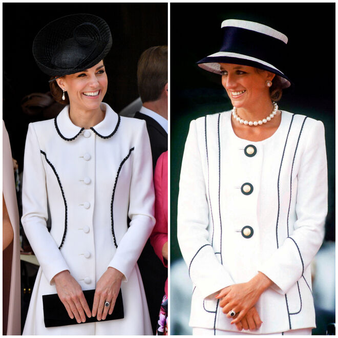 Kate Middleton em junho de 2019, vestida por Catherine Walker, e a princesa Diana, em agosto de 1995 vestida por Tomasz Starsewski. 