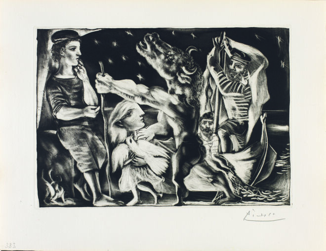 Minotaur cego conduzido na noite por menina com pomba agitada, novembro de 1934. Pablo Picasso. 