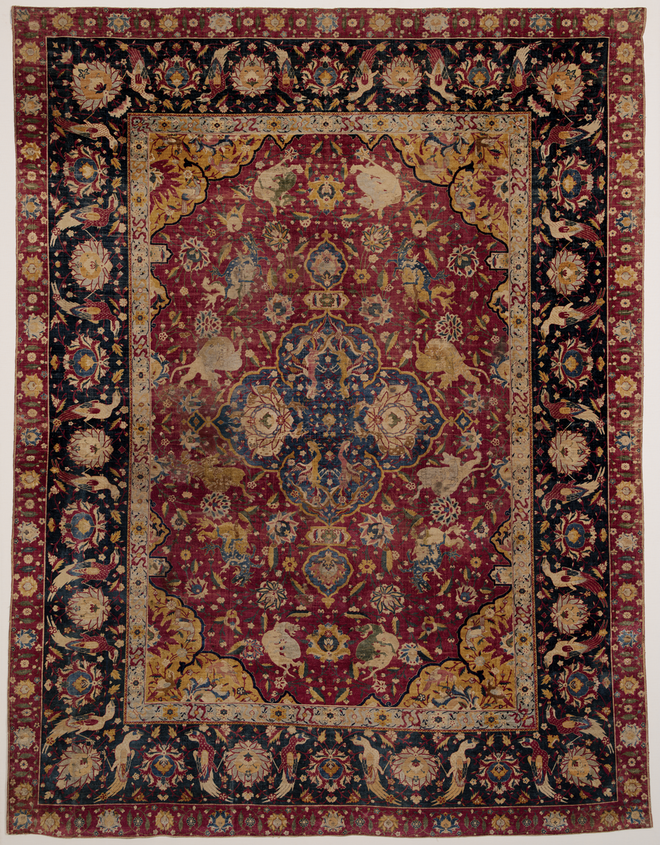 Animal fighting’ carpet, em seda, Pérsia, Kashan, meados do século XVI.. Calouste Gulbenkian Museum – Founder’s Collection.