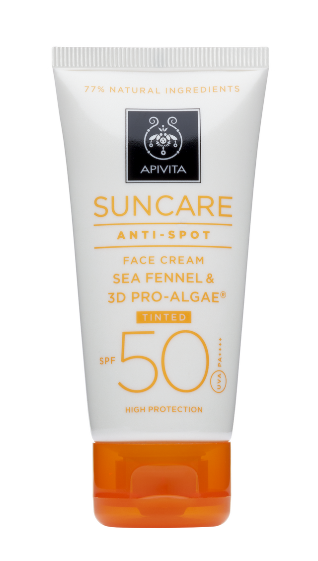Suncare Anti Spot SPF50 com cor, €23,40, Apivita 