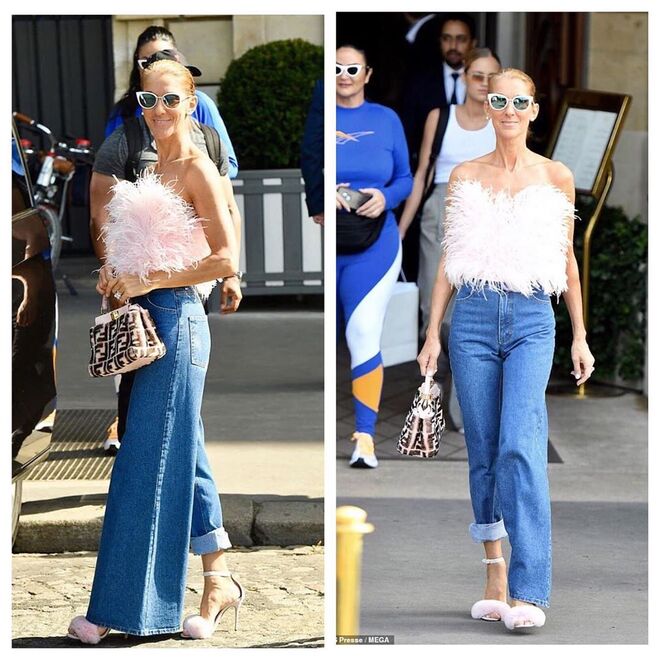 Céline Dion com os jeans assimétricos da designer de moda ucraniana Ksenia Schnaider, top rosa-claro em plumas da Attico, carteira da Fendi e saltos com pelo do designer Manolo Blahnik