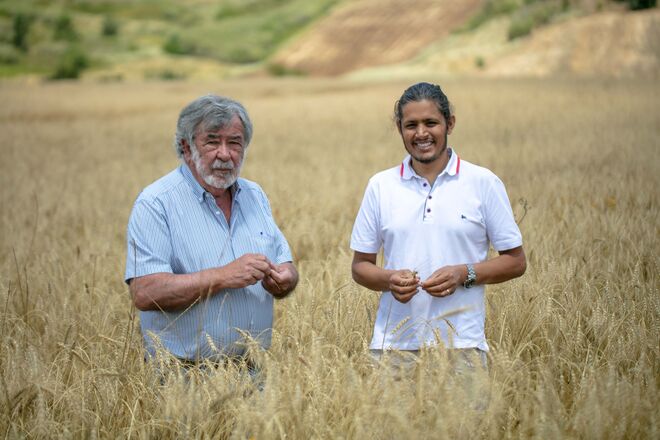 Adolfo Henriques e Tanka Sapkota na plantação de espelta, na aldeia da Maçussa