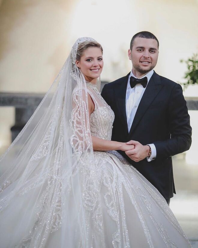 Christina Mourad e Elie Saab Jr. no Patriarcado de Antioquia dos Maronitas, em Bkerki, Líbano, a 19 de julho de 2019