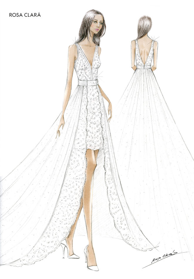 O sketch do vestido desenhado pela Rosa Clará