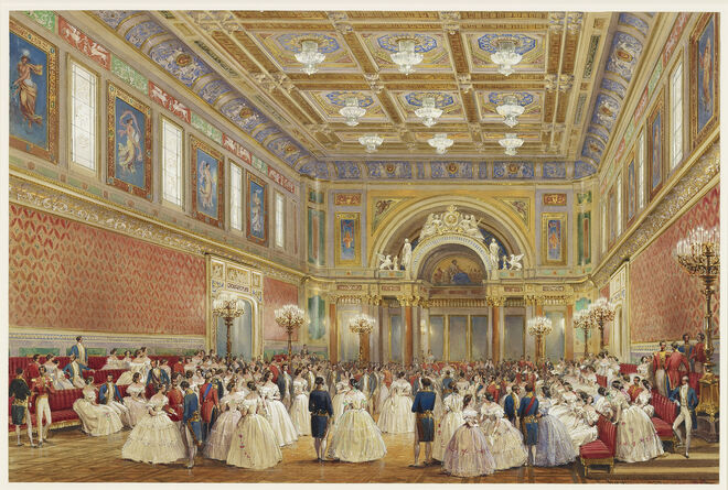 O Saão de Baile no Palácio de Buckingham, por Louis Haghe, na exposição Queen Victoria's Palace, no Palácio de Buckingham em 2019.
