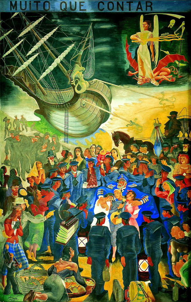 Chegada da nau, com o Capitão, rodeado de marujos, a abraçar as três filhas, 1943 — 1945, fresco, Almada Negreiros. Gare Marítima de Alcântara.
