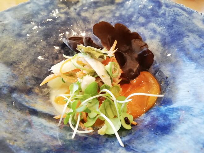 Salada feita com cenoura, feijão-verde, cogumelos, gema de ovo curada em açúcar, sal e especiarias e liquens, tudo com molho de tofu e quinoa