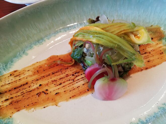 Pepino prensado com raspa de miso, pérolas de yuzu, flor de curgete e beterraba sob um molho de miso braseado