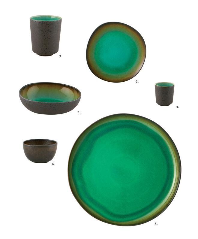 1. Taça Cereal; 2. Prato Sobremesa; 3. Copo; 4. Chávena Café s/ Asa; 5. Travessa Redonda; 6. Taça 