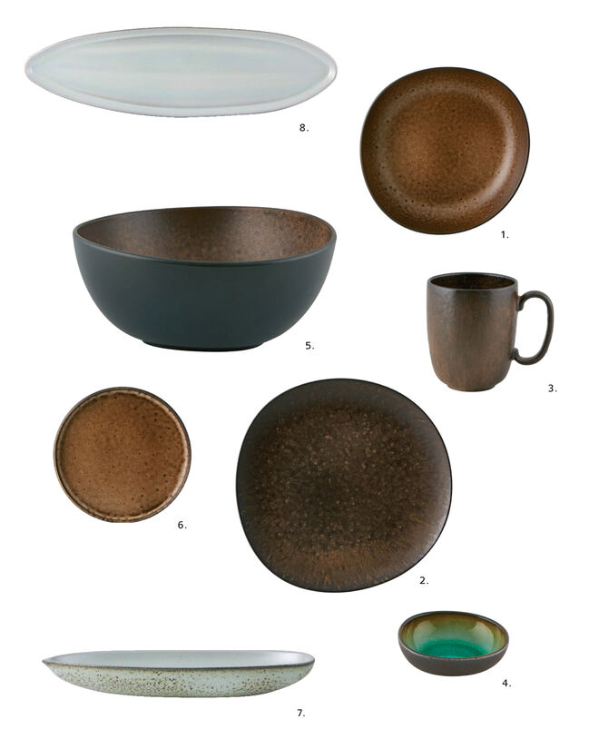 1. Prato Fundo; 2. Prato Raso; 3. Caneca; 4. Taça; 5. Saladeira; 6. Prato Pão; 7. Tabuleiro; 8. Travessa 